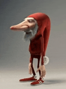 a cartoon character with a long nose is wearing a red hat and red shoes