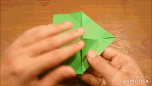 a person is holding a piece of green paper on a wooden table and it says made in animatica on the bottom