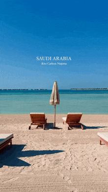 an advertisement for saudi arabia shows a beach scene with chairs and an umbrella