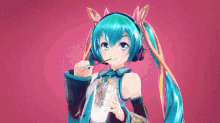 hatsune miku is wearing headphones and holding a candy bar