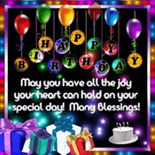 a birthday card with balloons and gifts and says may you have all the joy your heart can hold on your special day many blessings