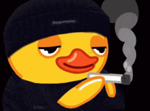 a yellow duck wearing a black hat that says supreme
