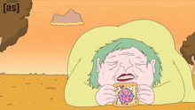 a cartoon of a woman laying on a bean bag chair eating a sandwich with sprinkles on it