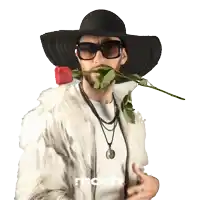 a man wearing a hat and sunglasses is holding a rose in his mouth and the word mcdh is on the bottom