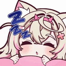 a cartoon girl is sleeping on a pink pillow with a cat ear .