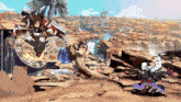 a video game character is flying through the air while another character looks on