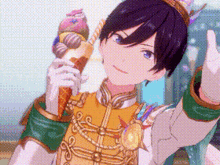 a young anime boy is holding an ice cream cone .