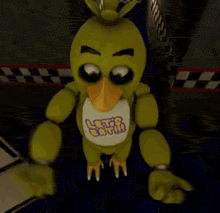 chica the chicken from five nights at freddy 's is wearing a let 's eat shirt and dancing .