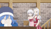two anime girls are standing in front of a brick wall and one has a sad look on her face