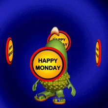 a cartoon character holding a happy monday sign in front of his face