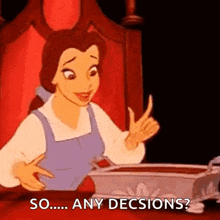 a cartoon of belle from beauty and the beast sitting at a table with a tray of food .