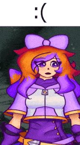 a cartoon of a girl with purple hair and a bow