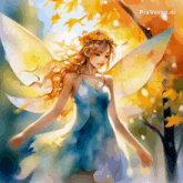 a painting of a fairy in a blue dress with wings
