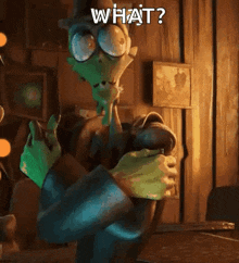 a cartoon character is holding a bottle and asking what ?