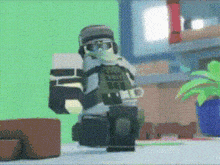 a lego soldier is standing in front of a green screen