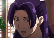 a close up of a purple haired anime character