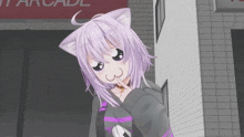 a girl with purple hair and cat ears is standing in front of an arcade sign