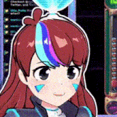 a close up of a cartoon character with a blue and purple stripe on her hair