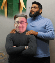 a man in a blue polo shirt stands next to a man with glasses