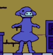 a pixel art drawing of a purple pig wearing a dress and a mask .