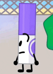 a purple and white cartoon character with a face and arms and legs