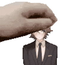 a pixel art of a man in a suit and tie with a hand on his head .