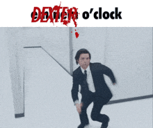 a poster for dexter o 'clock with a man in a suit running