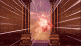 a video game scene with a pillar and a explosion