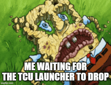 a cartoon of spongebob laying in the grass with a caption that says me waiting for the tcu launcher to drop