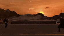 a man in a space suit is standing in front of a sunset