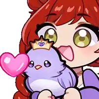 a girl with red hair is holding a stuffed bird with a heart in its mouth