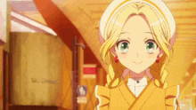a girl with blonde hair and green eyes is wearing a yellow dress and a white hat