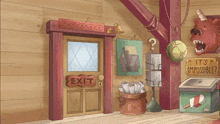 a cartoon illustration of an exit sign
