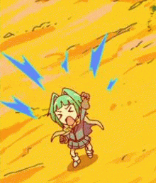 a cartoon girl with green hair is standing in the middle of a field with a yellow background .
