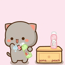a cartoon of a cat holding a bottle next to a box that says goma peach