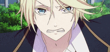 a close up of a blonde anime boy with blue eyes making a funny face .