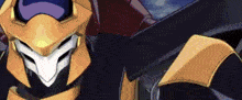 a close up of a yellow and black robot with a purple background