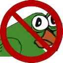 a green frog with big eyes is in a red circle with a cross through it .