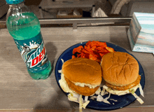 a mountain dew bottle sits next to a plate of food