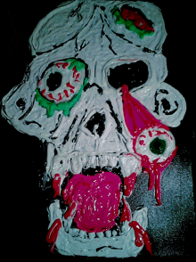 a painting of a skull with a pink tongue coming out of it