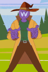 a cartoon character with a purple head and a witch hat with the letter w on it