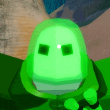 a green cartoon character with two squares on its face is glowing in the dark in a video game .
