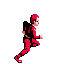 a pixel art of a person in a red suit running .