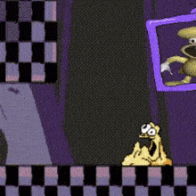 a cartoon character is standing on a checkered floor next to a purple wall .