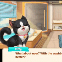 a black and white cat is sitting in a bathtub and talking to kitty .