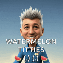 a cartoon man with watermelon slices on his shirt