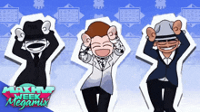 three cartoon characters are dancing in front of a banner that says week megamix