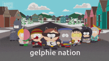 a group of south park characters standing on the street