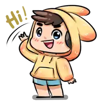 a cartoon drawing of a boy wearing a yellow hoodie and shorts says hi