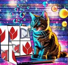 a cat sits on a laptop next to a cube that says ' cd ' on it